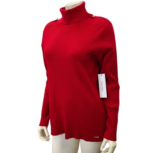 Calvin Klein Womens Red Ribbed Turtleneck Button Details Md NWT - Picture 2 of 7